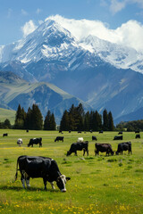 Grazing cows in pasture with snowy mountain peaks in background. Landscape with herd of cows on meadow with green grass at summer day