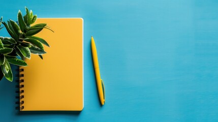 Top view flat lay office supplies arrangement notebook and pen on blue background. Generated AI