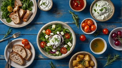 Wall Mural - Different Greek food in plates healthy menu

