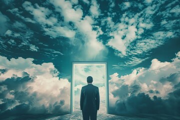 Wall Mural - a man stands in front of a large open door in a cloudy sky