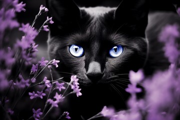 Wall Mural - Mysterious Black Cat with Vivid Blue Eyes Among Lavender. Ai generated