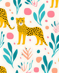 Wall Mural - Leopard drawing cartoon seamless pattern