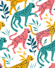 Wall Mural - Leopard drawing cartoon seamless pattern