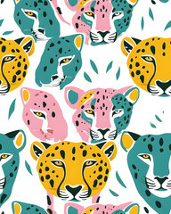 Wall Mural - Leopard drawing cartoon seamless pattern