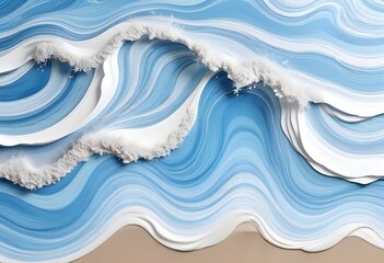 Wall Mural - A painting of blue and white paper waves displayed on a wall