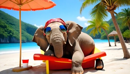 An elephant rests on a vibrant red chair positioned on a sandy beach by the ocean, under the clear blue sky