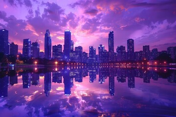 Wall Mural - futuristic business city skyline at sunset purple sky reflection in river