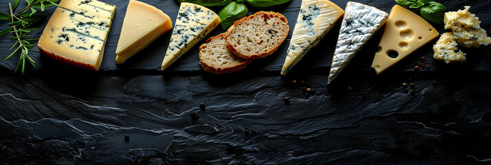 A black background with a variety of cheeses and bread