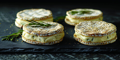 Wall Mural - Four small sandwiches with cheese and herbs on top