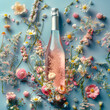 A champagne bottle set against a backdrop of colorful spring blossoms, symbolizing celebration and renewal.