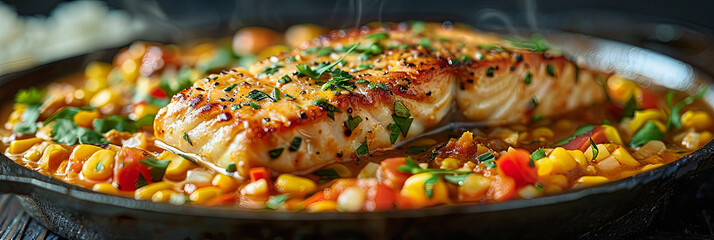 Wall Mural - A plate of food with a piece of fish and vegetables