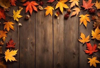 Sticker - autumn leaves on wooden background