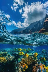 Wall Mural - A mesmerizing background image capturing the vibrant colors of the ocean currents and a variety of fish species, Wide-angle shots, generative ai