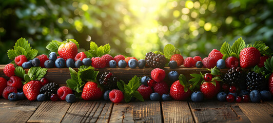 Wall Mural - A vibrant display of mixed fresh berries neatly arranged on a rustic wooden surface, illuminated by soft, natural light peeking through foliage