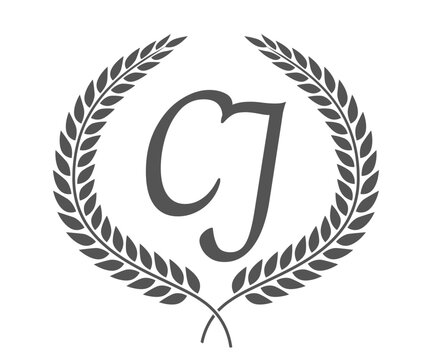 Initial letter C and J, CJ monogram logo design with laurel wreath. Luxury calligraphy font.