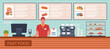 Fast food cash register worker. Cashier in uniform holds paper bag with order, wall mounted display boards with menu, takeaway meal, cartoon flat style isolated nowaday vector concept