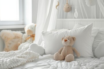 Wall Mural - Cozy Teddy Bear Sitting on a Soft White Bed in a Bright Nursery Room