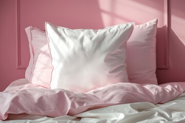 Wall Mural - Serene Pink Bedroom with Soft Pillows and Morning Light