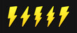 3d lightning bolt set. Thunderbolt, lightning strike on black background. Logo design of energy, power, charging. Modern flat style vector illustration