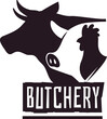 Butcher logo. Logotype design with black silhouettes, cow pig and rooster, animal portrait. Meat barbecue packaging emblem, shop badge. Premium quality product. Isolated vector illustration