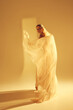 © master1305 - Ethereal beauty. Mystical scene of female ballet dancer with golden flowing fabric performing, symbolizing purity and elegance of ballet. Concept of art, classical dance, beauty, fashion, aesthetics