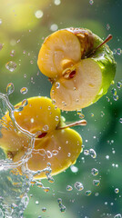 Apple sliced mid-air with water splash.