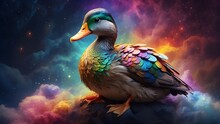 A Mystical Duck With Shimmering Rainbow Feathers, Perched Atop A Cloud And Gazing Down At The World Below.