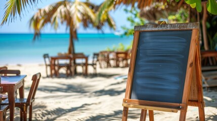 The note board in the foreground is mounted on a wooden easel. Behind the board are wooden tables and chairs for outdoor seating. In the background is a calm blue ocean under a clear sky