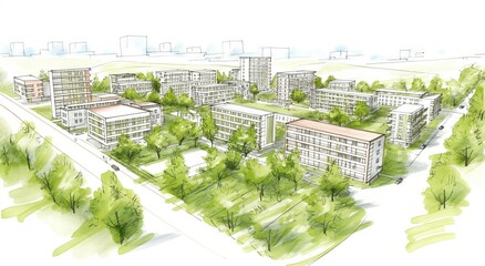 eco-friendly urban masterplan concept sketch with sustainable architecture and green spaces