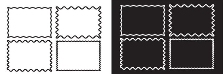 Aufkleber - Set of rectangle frames with wavy edges. Rectangular shapes with wiggly borders. Picture or photo frames, empty text boxes, tags, labels isolated on white and black background. Vector illustration.EPS