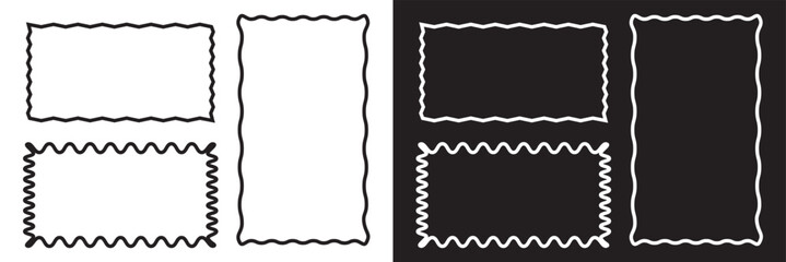 Poster - Set of rectangle frames with wavy edges. Rectangular shapes with wiggly borders. Picture or photo frames, empty text boxes, tags, labels isolated on white and black background. Vector illustration.EPS