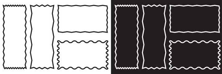 Poster - Set of rectangle frames with wavy edges. Rectangular shapes with wiggly borders. Picture or photo frames, empty text boxes, tags, labels isolated on white and black background. Vector illustration.EPS