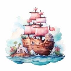 Pirate adventure on a candy ship, chocolate seas, marshmallow islands, isolated on white background, cute whimsical watercolor illustration, soft color