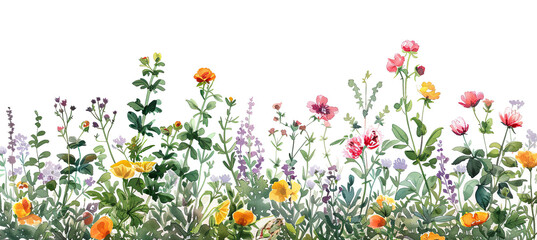 Wall Mural - Summer garden border painting, isolated on white background