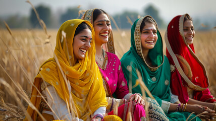 Wall Mural - makar sankranti, diwali, lohri indian traditional festival background, happy smiling indian woman in punjab traditional dress	