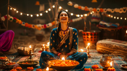 Wall Mural - makar sankranti, diwali, lohri indian traditional festival background, happy smiling indian woman in punjab traditional dress	