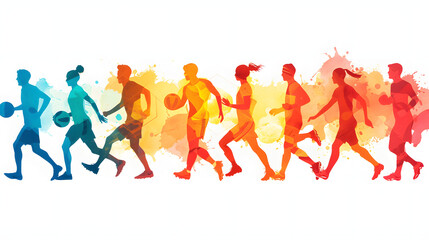 Colorful silhouette sequence of athletes running and playing sports. Dynamic motion concept. Watercolor illustration on white background