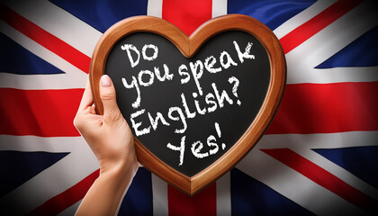 Close-up of a hand holding a heart-shaped blackboard with wooden frame and question, Do You Speak English? and Yes! Against a Uk flag (Union Jack Flag). Generative Ai.