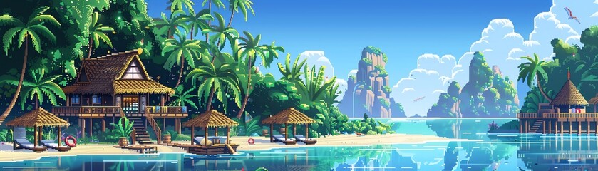 A beautiful pixel art of a tropical beach with palm trees and blue water