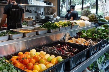 An eco-friendly kitchen scene with chefs utilizing locally sourced, organic ingredients to prepare innovative dishes