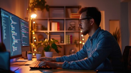 Fototapete - attractive professional software developer coding program or engineering prompt. skilled programmer 