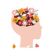 Healthy mind and brain. Mental healthcare metaphor, human face silhouette and floral bouquet in head. Fresh and creativity, vector concept