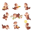 Chipmunk. Funny chipmunks in different poses. Cute little animal has various activities, sleep, drink coffee, have fun and jump. Nowaday vector set