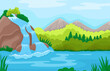 Nature landscape with waterfall in valley. Water streams in lake, hills or mountains and forest. Wild river, neoteric cartoon vector background