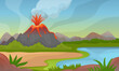 Volcano eruption landscape. Natural disaster in green valley. River, forest silhouette and mountain with lava and fire fountain, neoteric vector scene