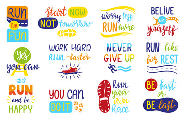 Poster - Running sport phrases. Motivational run lettering quotes with sporty elements. Hand drawn typography design for clothes prints, neoteric vector set