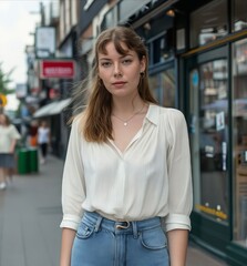 Wall Mural - A woman in jeans and white blouse standing on the street.