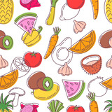 Fototapeta  - Doodle vegan seamless pattern. Fruits and vegetables, hand drawn style fresh food. Kitchen fabric print design, neoteric vector background