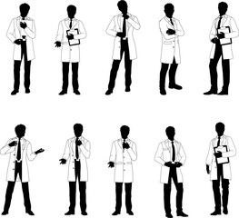 Poster - Men in lab coats silhouette scientists, engineers or professors set. Some holding clipboards or checklists. Maybe chemists, science teachers or pharmacists doing experiments or surveying.