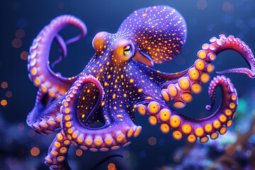 Wall Mural - A purple octopus with yellow tentacles swimming in ocean deep